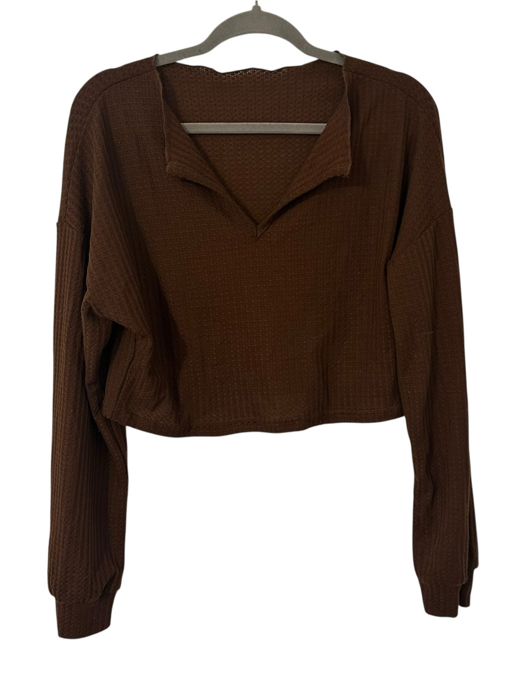 Brown Cropped Style Sweater Top Collared Design Shirt Lounge Women’s Size Large!